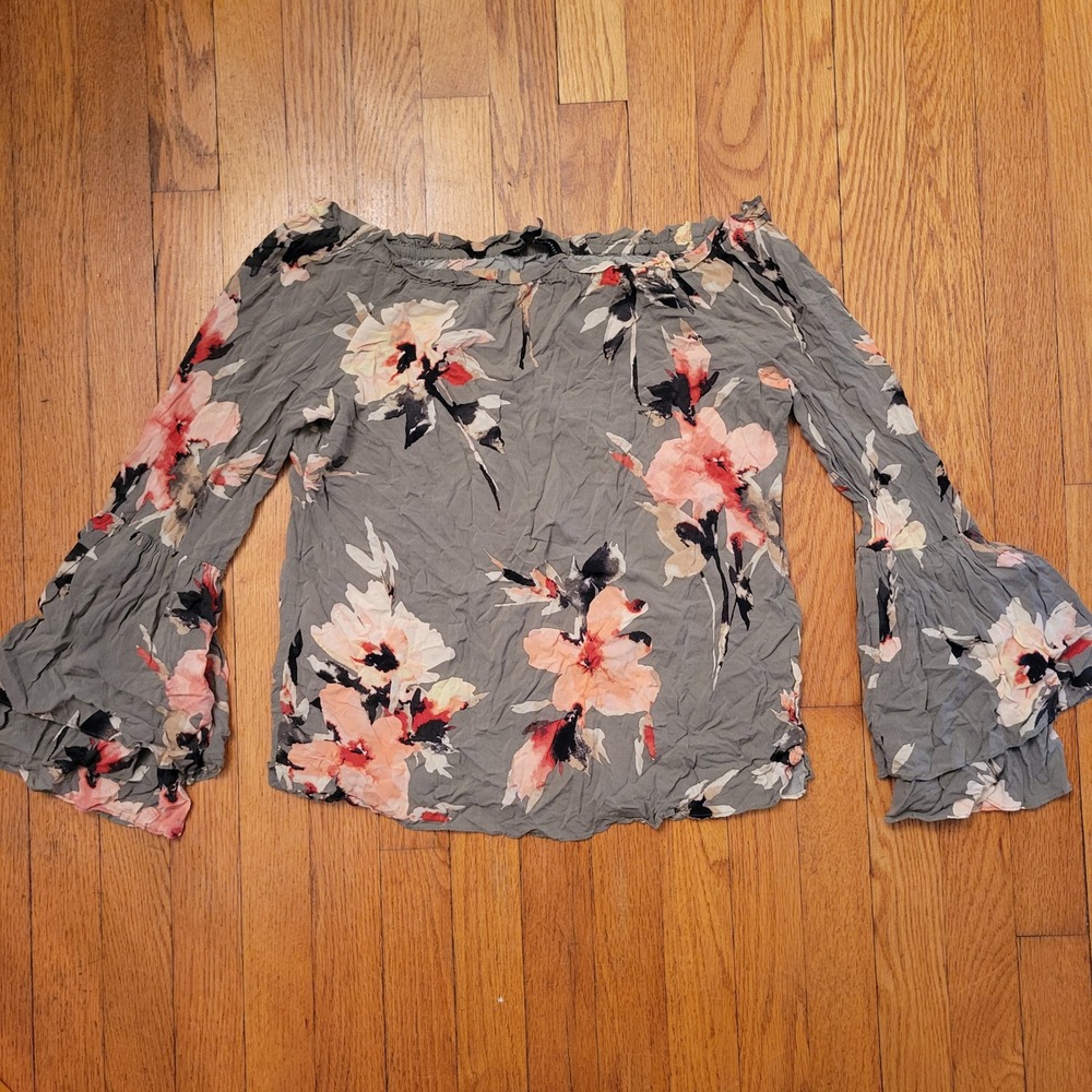 White House Black Market Green Floral Bell Sleeve Off Shoulder Top S Fall Autumn